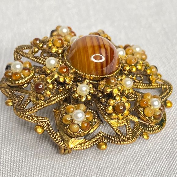 West Germany Ornate Brooch Gold Tone Filagree Amber And Pearly Stones - Picture 3 of 9